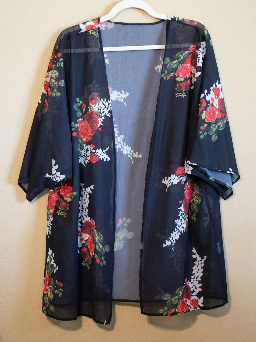 Black Floral Sheer Kimono Cardigan Red Rose Print Boho Layering Piece